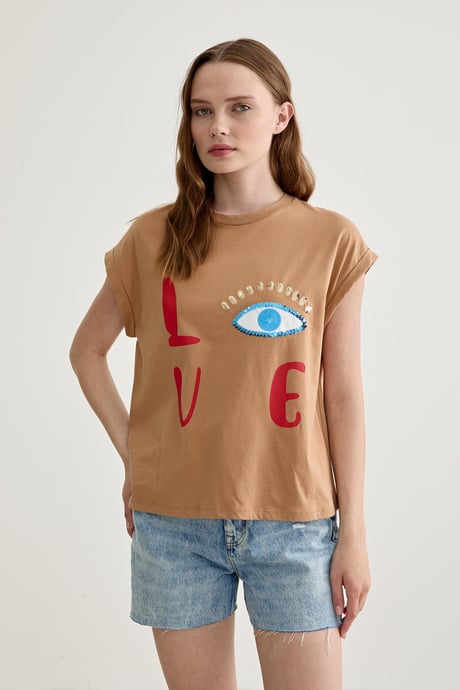 Kadın Love Baskılı Basic Tshirt BİSKÜVİ
