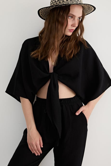 Kadın Müslin Bağlamalı Bluz SİYAH