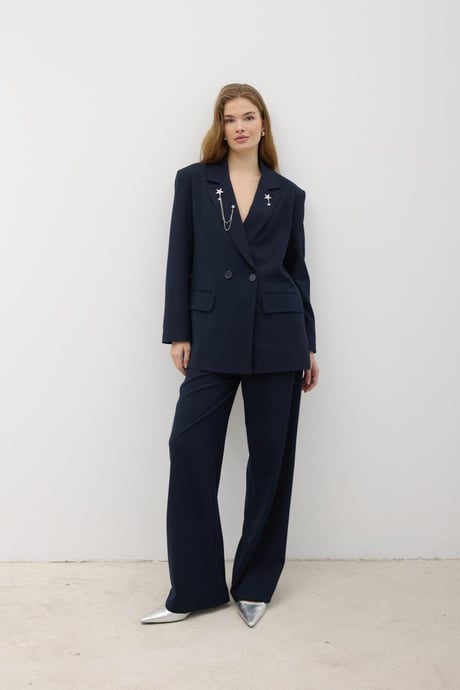 Kadın Omzu Vatkalı Düğmeli Blazer Ceket LACİVERT