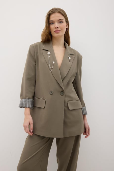 Kadın Omzu Vatkalı Düğmeli Blazer Ceket HAKİ