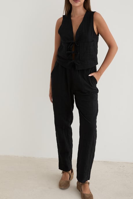 Kadın Önden Bağlamalı Desenli Kapitone Yelek SİYAH