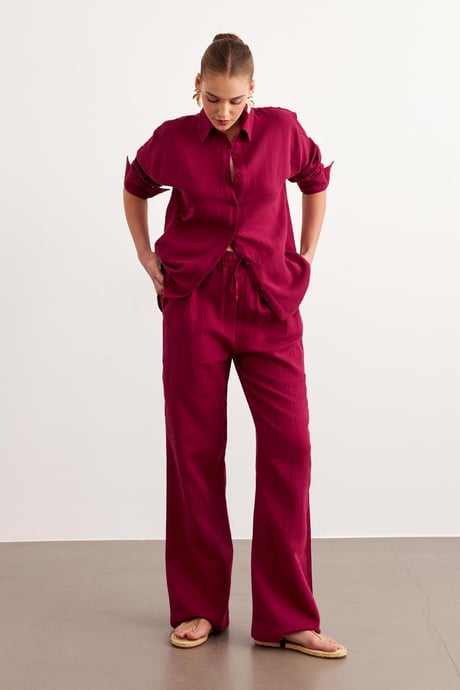 Kadın Uzun Kollu Oversize Müslin Gömlek BORDO