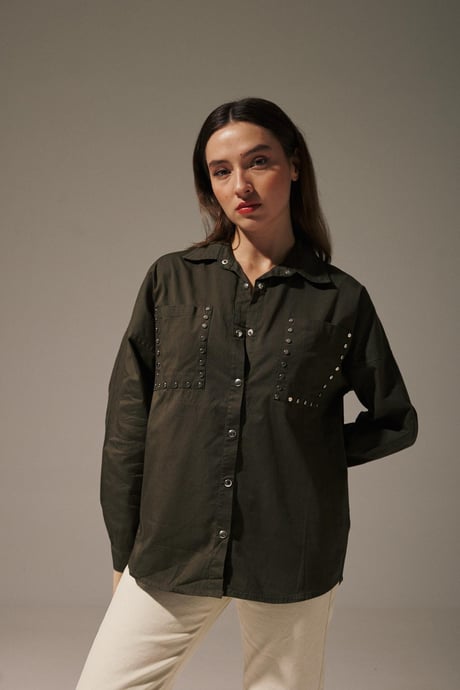 Keten Önü Zımbalı Kadın Gömlek HAKİ