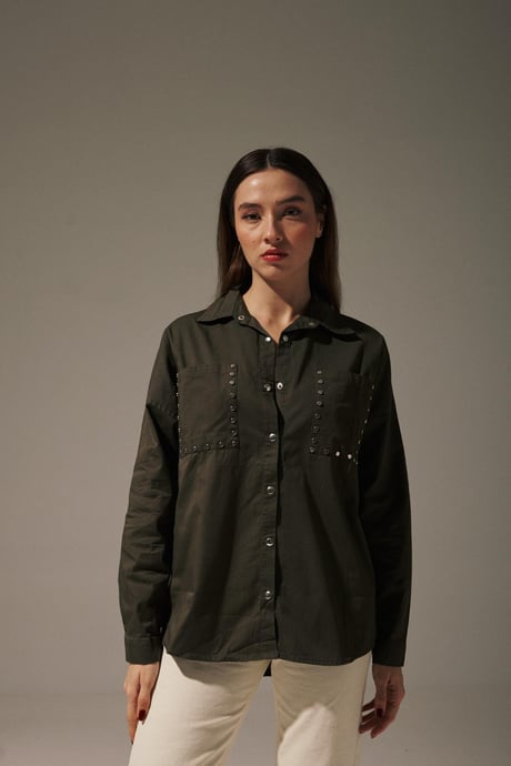 Keten Önü Zımbalı Kadın Gömlek HAKİ