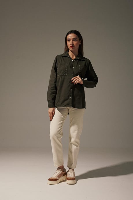 Keten Önü Zımbalı Kadın Gömlek HAKİ