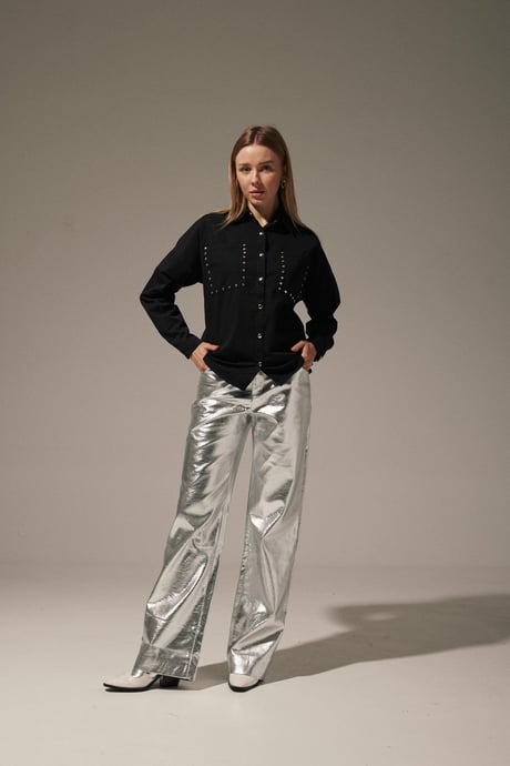 Keten Önü Zımbalı Kadın Gömlek SİYAH