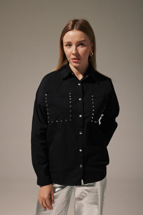 Keten Önü Zımbalı Kadın Gömlek SİYAH
