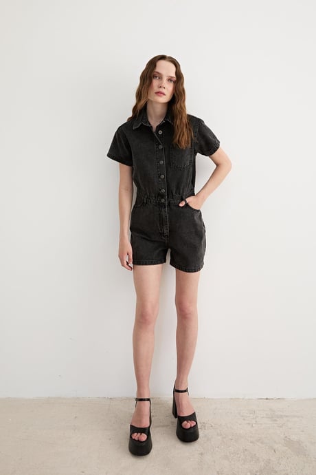 Kısa Kollu Düğmeli Şort Tulum BLACK