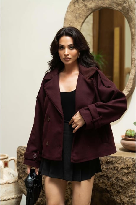 M28-5873-MÜRDÜM-LLEVUREDış GiyimKruvaze Düğmeli Kısa Kaban MÜRDÜM