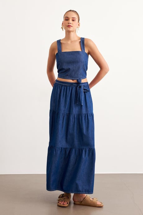 Kuşaklı Uzun Kot Etek RİNS YIKAMA