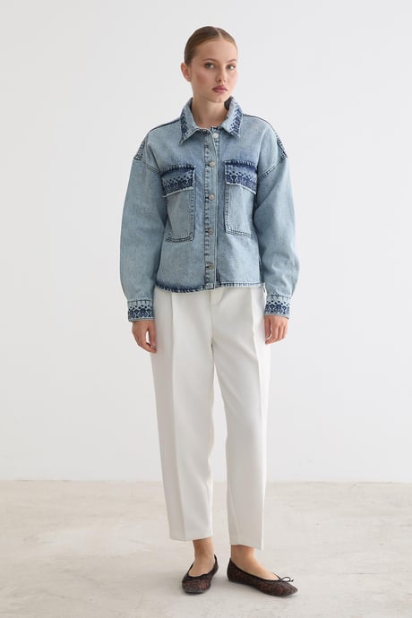 Nakış Detaylı Denim Kot Ceket BLUE