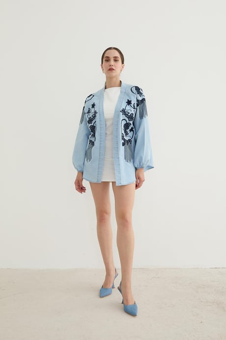 Nakış Detaylı Kot Ceket BUZ MAVİ