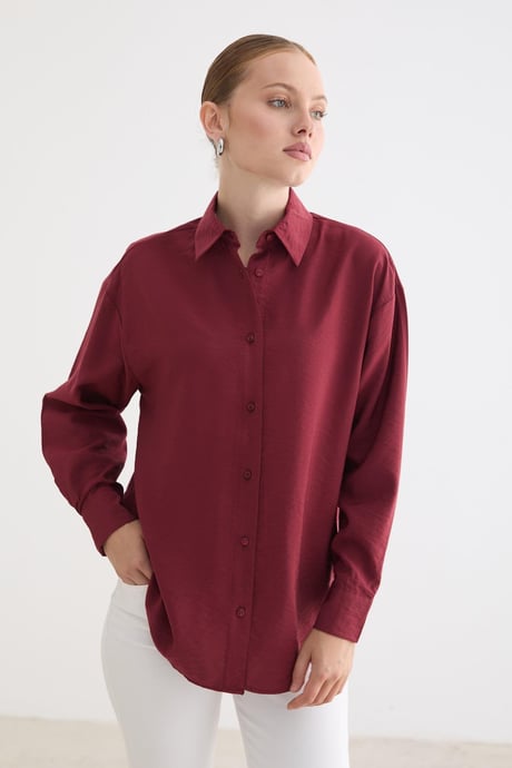 Önü Düğmeli Oversize Modal Gömlek BORDO