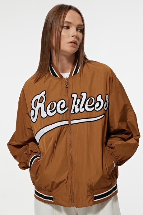 Polyester Kumaş Ribana Yaka Önü Nakışlı Kadın Bomber Ceket TABA