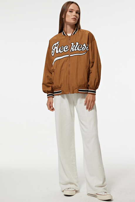 Polyester Kumaş Ribana Yaka Önü Nakışlı Kadın Bomber Ceket TABA