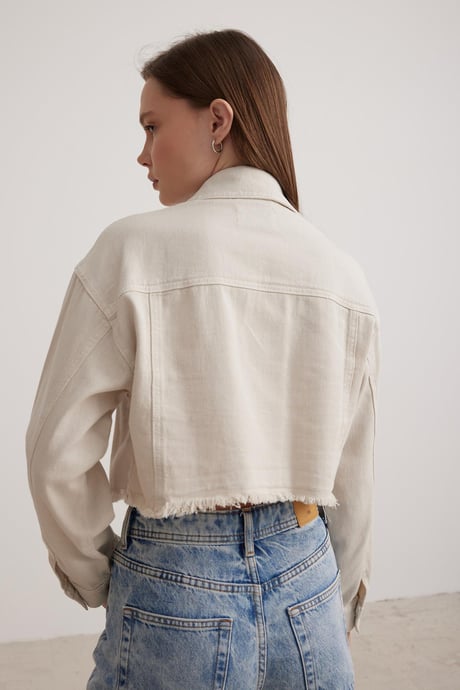 Püskül Detaylı Crop Kadın Kot Ceket TAŞ