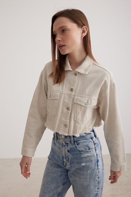 Püskül Detaylı Crop Kadın Kot Ceket TAŞ