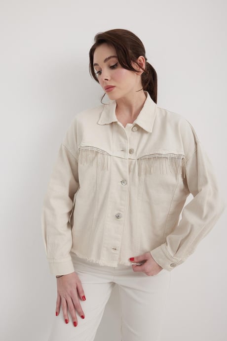 Püskül Detaylı Kadın Kot Ceket TAŞ