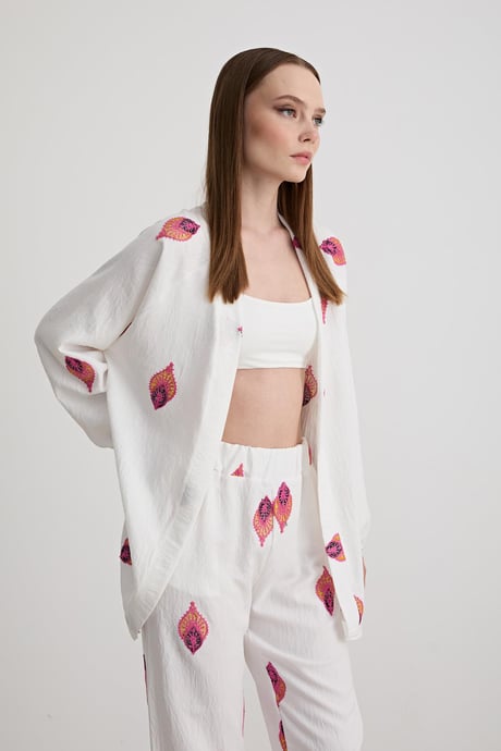 Şal Desenli Keten Pantolon EKRU