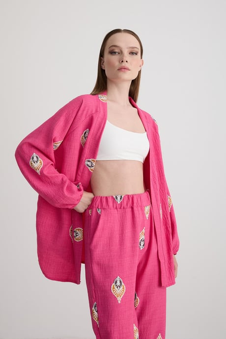 Şal Desenli Keten Pantolon FUŞYA