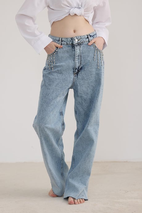 Taş Detaylı Uzun Kot Pantolon KAR YIKAMA