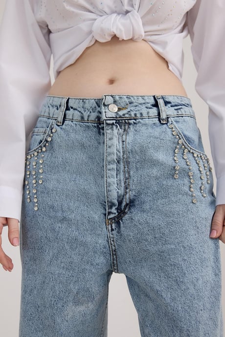 Taş Detaylı Uzun Kot Pantolon KAR YIKAMA