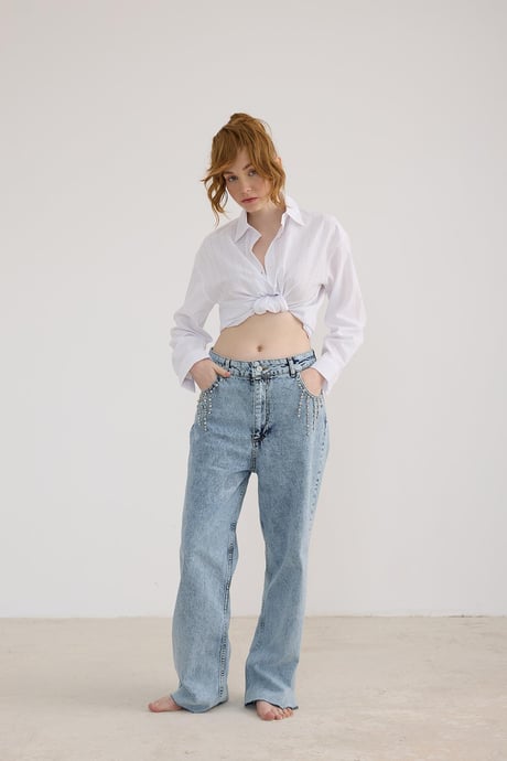 Taş Detaylı Uzun Kot Pantolon KAR YIKAMA