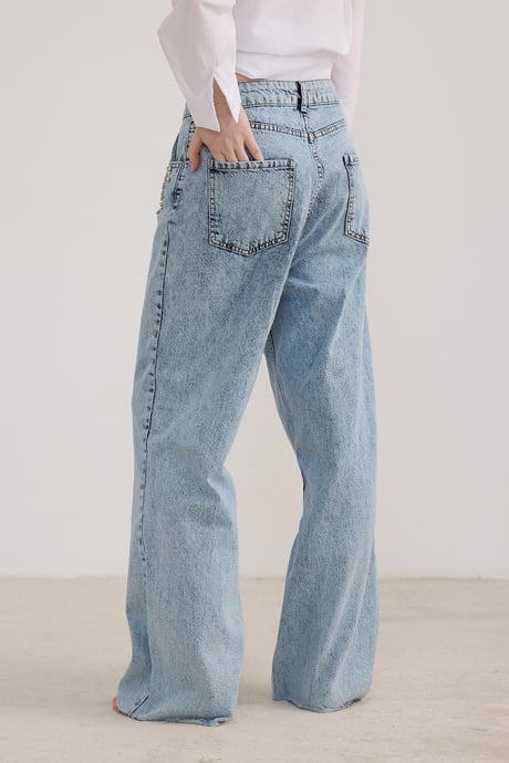 Taş Detaylı Uzun Kot Pantolon KAR YIKAMA