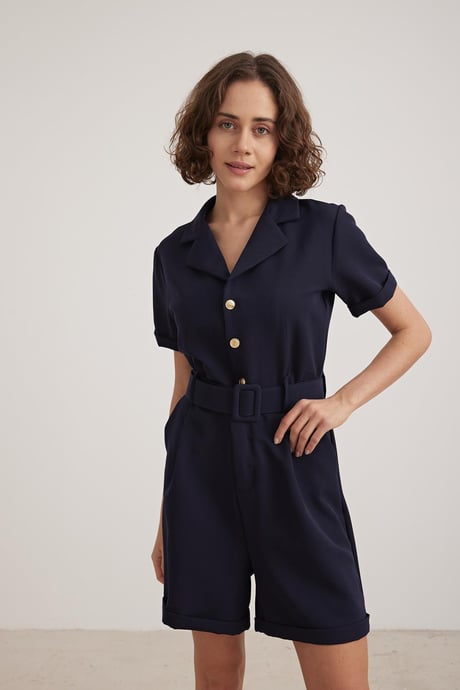 V Yaka Kemer Detaylı Tulum LACİVERT