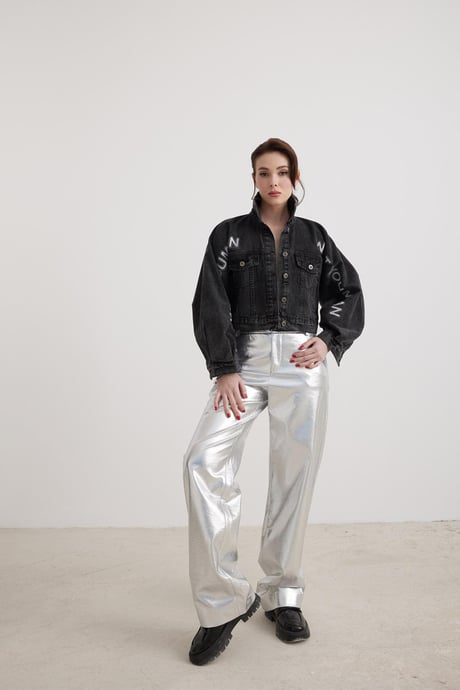 Yazı Detaylı Kadın Kot Ceket BLACK