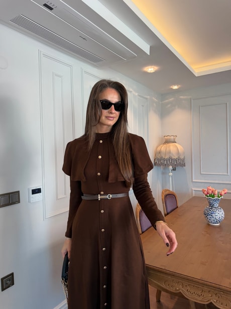 QULOVEYENİ GELENLER Kahve Pelerinli Kemerli Elbise