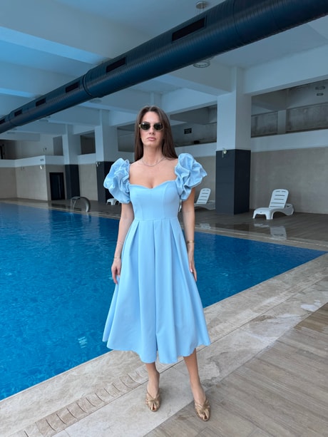QULOVEYeni GelenlerBebe Mavisi Kolları Balon Pileli Elbise