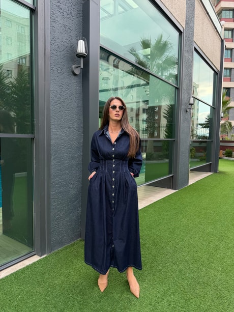 QULOVEYENİ GELENLERBelden Pileli Kot Elbise