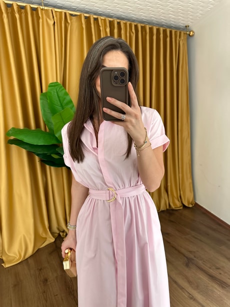 QULOVEYeni GelenlerKendinden Kemerli Pembe Elbise