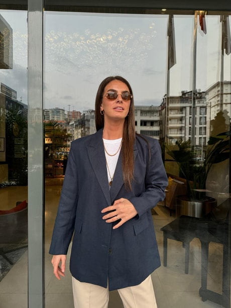 QULOVEYeni GelenlerLacivert Keten Blazer Ceket