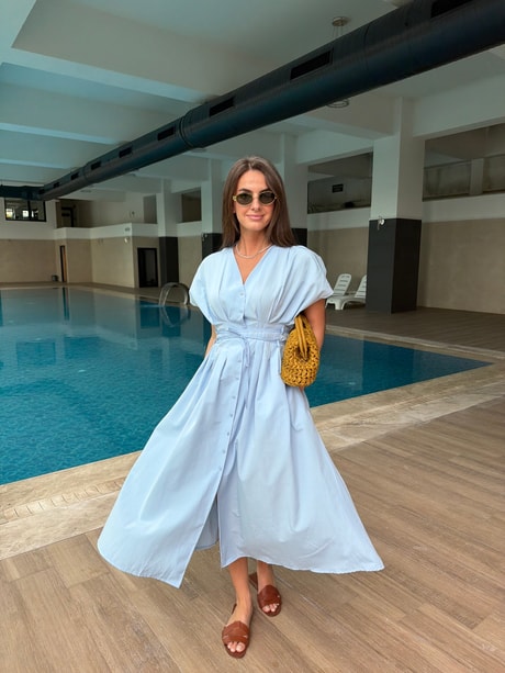 QULOVEYeni GelenlerMavi Belden Pileli Poplin Elbise