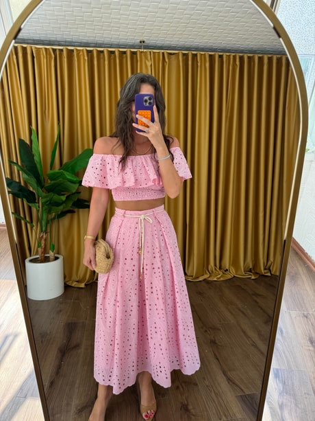 QULOVEYeni GelenlerPembe Gipeli Bluz Etek Takım 