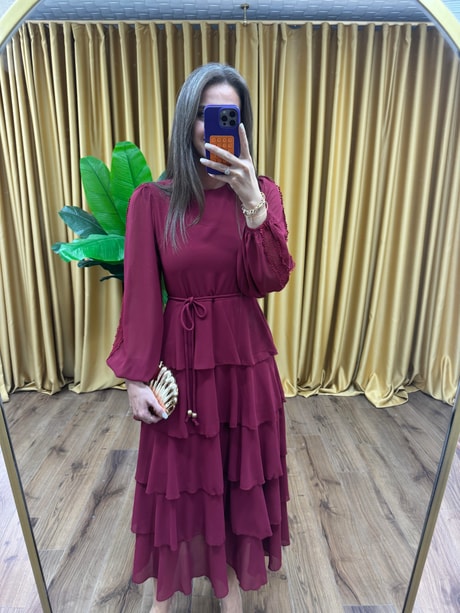 QULOVEYeni GelenlerTasarım Kat Kat Şifon Elbise BORDO