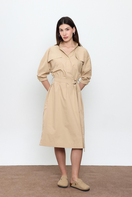 Bej %100 Cotton Midi Boy Gömlek Elbise