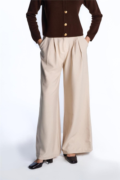 Bej Wide Leg Yüksek Bel Pantolon