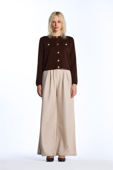 Bej Wide Leg Yüksek Bel Pantolon