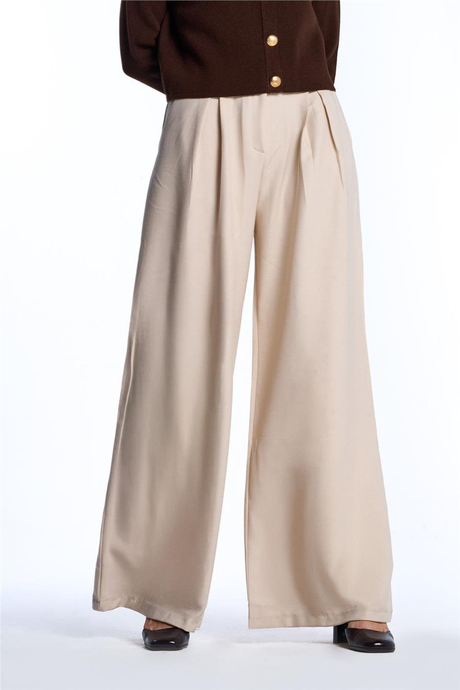 Bej Wide Leg Yüksek Bel Pantolon