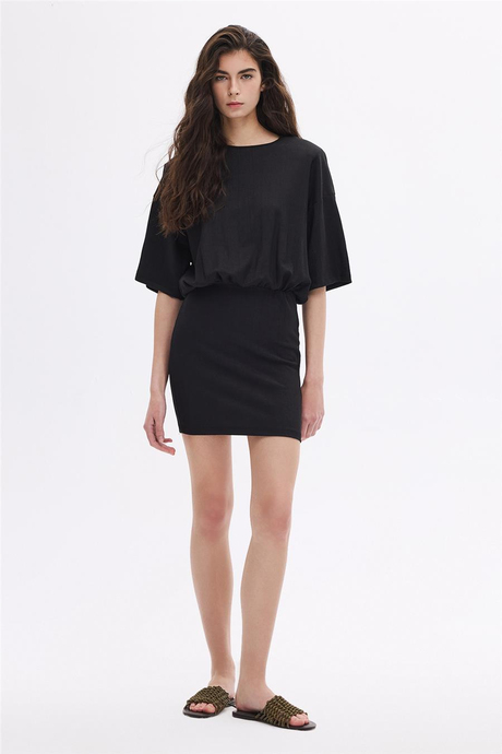 Beli Büzgülü Vatkalı Mini Elbise 