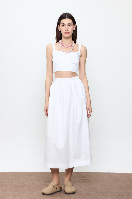 Beyaz %100 Cotton Volanlı Midi Etek