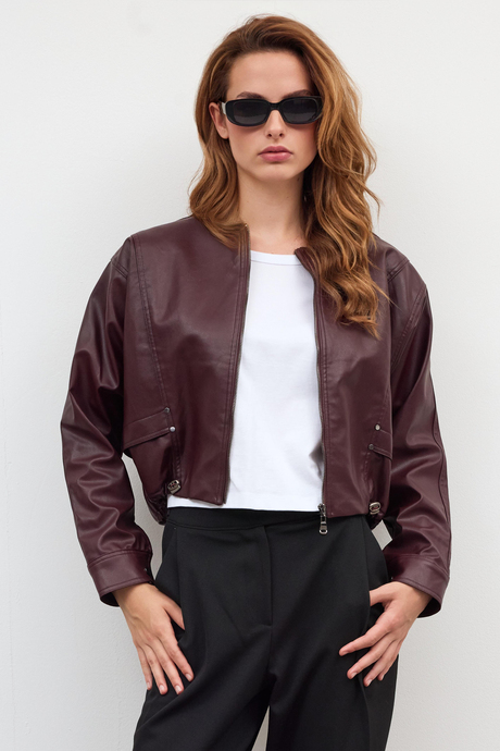 Bordo Oversize Deri Ceket