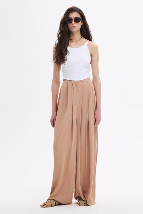 Camel Pile Detaylı Bol Paça Pantolon