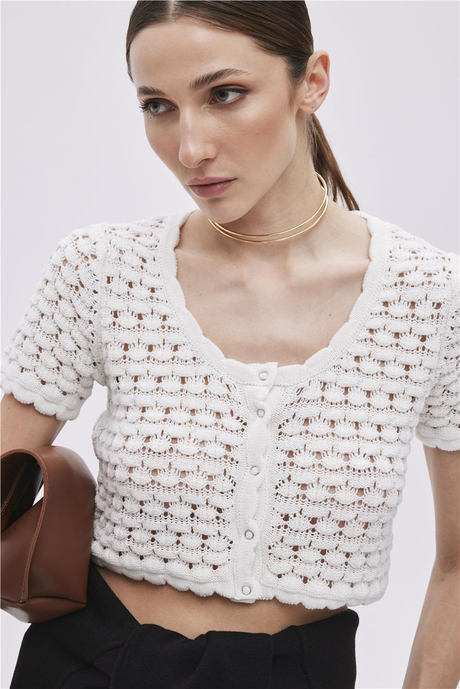 Ekru Çıtçıtlı Triko Crop Top