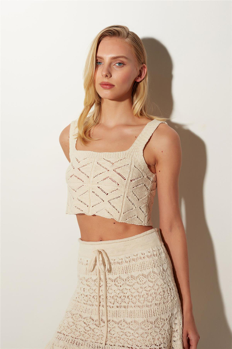 Ecru square neck  Geometric Patterned knit Athlete SWA4643EK