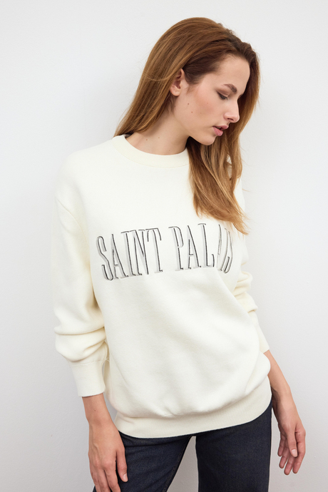 Ekru Triko Sloganlı Sweatshirt