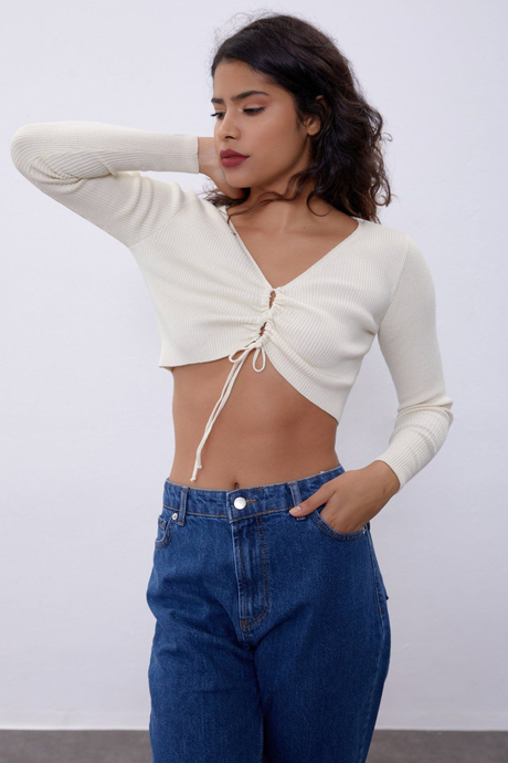 Ecru V-Neck Plunging Gown Knit Sweater SWK4512EK 